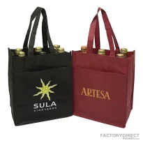 Custom printed 6-bottle wine bags in black and burgundy
