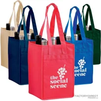 Custom imprinted logo on various reusable 4-bottle wine bags sold in bulk.
