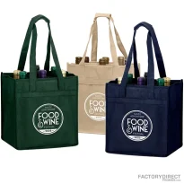 Custom imprinted logo on various colors of reusable 6-bottle wine bags.