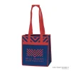 A custom red and blue 6-bottle reusable wine tote for a festival event