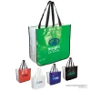Large assortment of laminated custom shopping bag made from recycled post consumer materials.
