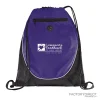 Purple promotional drawstring backpacks with exterior zipper and earbud port.